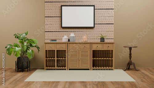 Obraz na plátně Minimalist Living Room Display: A stylish wooden cabinet with a framed picture above, adorned with decorative vases and a potted plant, creates a serene and modern display in a subtly decorated room