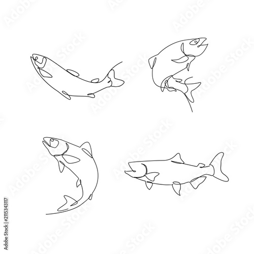 Continuous Line Art Fish Drawings Set. Minimalist illustration of different salmon or trout silhouettes in various dynamic poses on a white background.