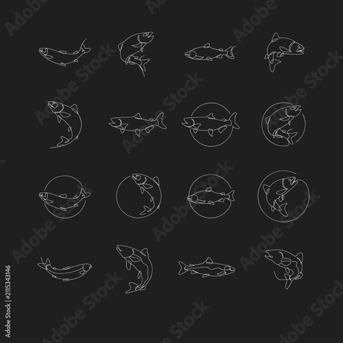 Fish line art icons set. Minimalist continuous outline illustrations of salmon and trout in various poses for emblems or logos.