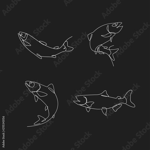 Minimalist Continuous One Line Art Fish Design Set. Graphic Vector Illustration of Swimming and Jumping Fish on Dark Background.