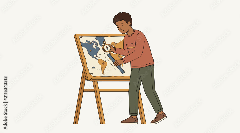 Fototapeta premium Young man studying a world map with compass and ruler for travel planning