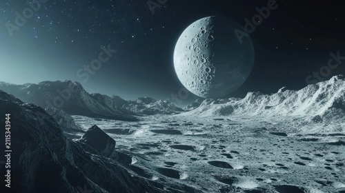 realistic moon in space, realistic moon surface, moon craters 3d render