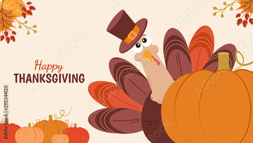 Cute turkey autumn leaves and wreath Thanksgiving invitation template. for greeting card party invite print and web design, vector illustration.