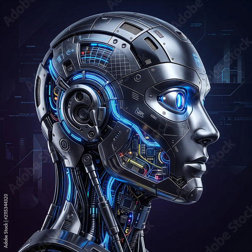 Detailed Profile View of a Sophisticated Humanoid Artificial Intelligence Android Robot with Glowing Blue Circuitry and Metallic Aesthetic