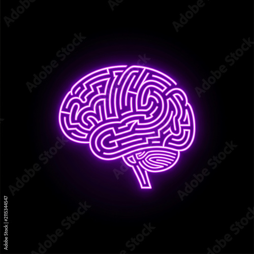 Neon purple brain maze illuminated against a black background, representing complex thought and cognitive challenges in abstract art