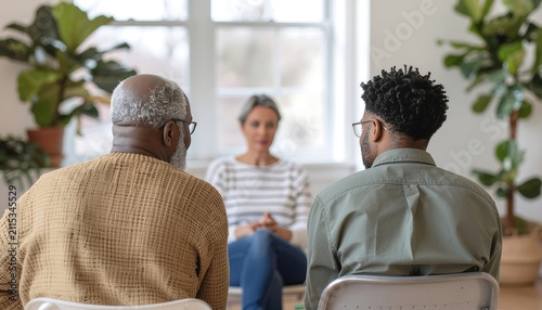 Group therapy session with diverse participants.