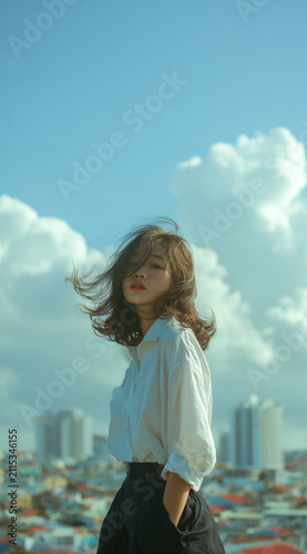Young woman with flowing hair wearing white shirt and black pants stands against cityscape and cloudy blue sky, expressing calm confidence