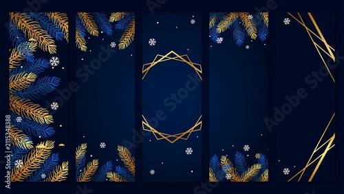 Luxury Christmas Banner Collection with Gold Geometric Frames, Elegant Pine Branches and Festive Winter Holiday Background Templates