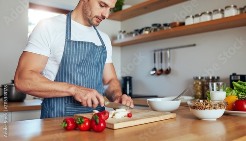 Man Chopping Vegetables in Modern Kitchen Setting.