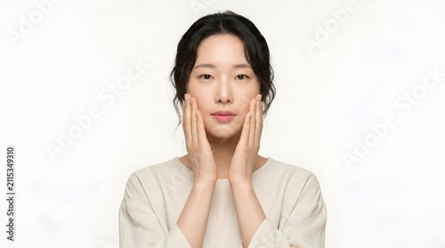 Young asian woman applying skincare product on cheeks with skincare touching wellness cosmetic