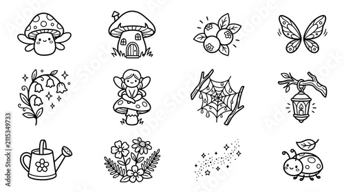 Whimsical Forest Icons: Mushroom, Fairy, Butterfly, Flowers, Ladybug