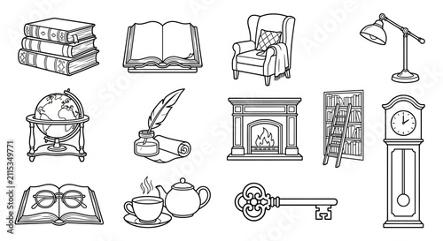 Vintage Library Icons: Books, Armchair, Fireplace, Globe, Clock, Key