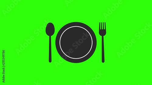 Animated plate with fork and spoon icon loop on green screen background, food dining graphic element chroma key