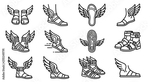Winged Sandals Icon Set: Hermes, Mercury, Travel, Speed