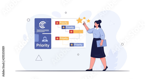 Businesswoman organizing priorities on a digital dashboard, focusing on project planning and task management for success.