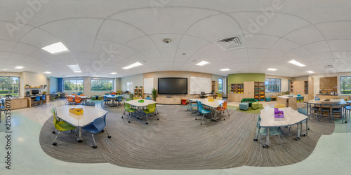 HDRI Future Ready School Classroom 360 Panoramic view of a flexible modern learning environment with modular desks, blank digital screens, bright colors, and collaborative education zones