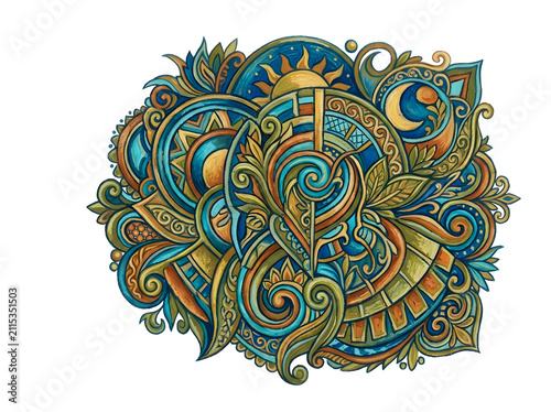 Intricate Abstract Mandala Design with Celestial Elements.