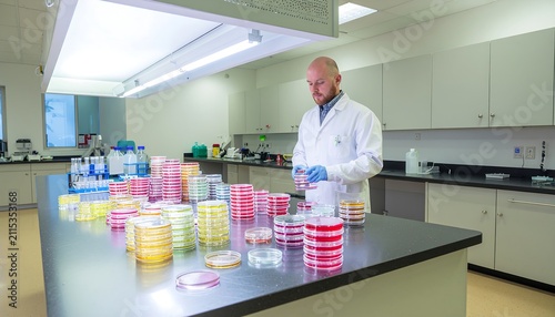 Scientist in laboratory with petri dishes.
