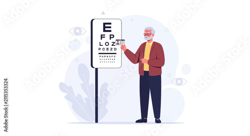 Elderly Man Undergoing Eye Exam with Vision Chart - Healthcare Concept Illustration