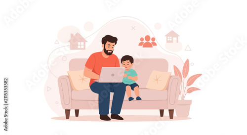 Father and Son Working and Playing Together on Sofa: Concept of Remote Work, Family Time, and Work-Life Balance