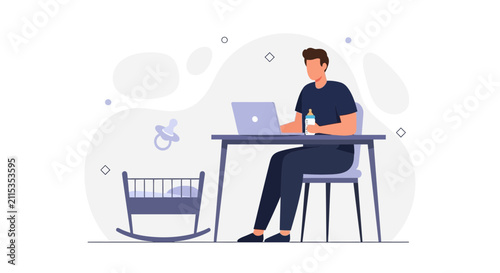 Father Working From Home Balancing Career and Childcare with Laptop, Bottle, and Crib
