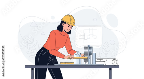 Female Architect Working on Building Model and Blueprints, Designing Modern Cityscape with Digital Tools and Measuring Instruments