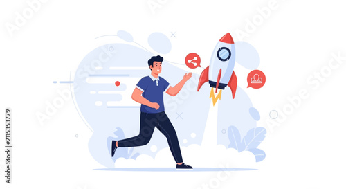 Man Chasing Rocket Launching, Symbolizing Startup Growth, Innovation, and Digital Sharing