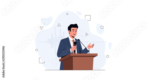 Man in suit giving presentation at podium with microphones and abstract background graphic.