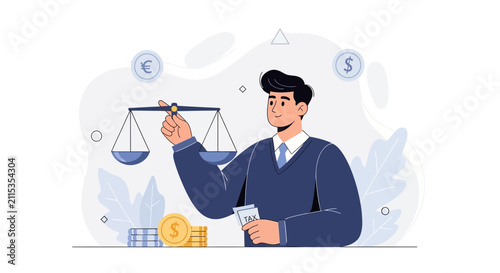 Man holding scales of justice with money and tax document, representing financial balance, law, and economics