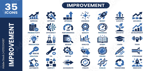 Improvement solid icon set. Includes optimization, productivity raise, upgrade, optimization, research, review, solution, and performance boost icons collection