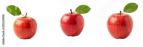 Canvas Print Fresh ripe red apple with green leaf set isolated on transparent background, swe
