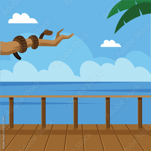 Skydiving Adventure Vector Background, Extreme Sports Sky Dive Over Ocean Pier Vector Design