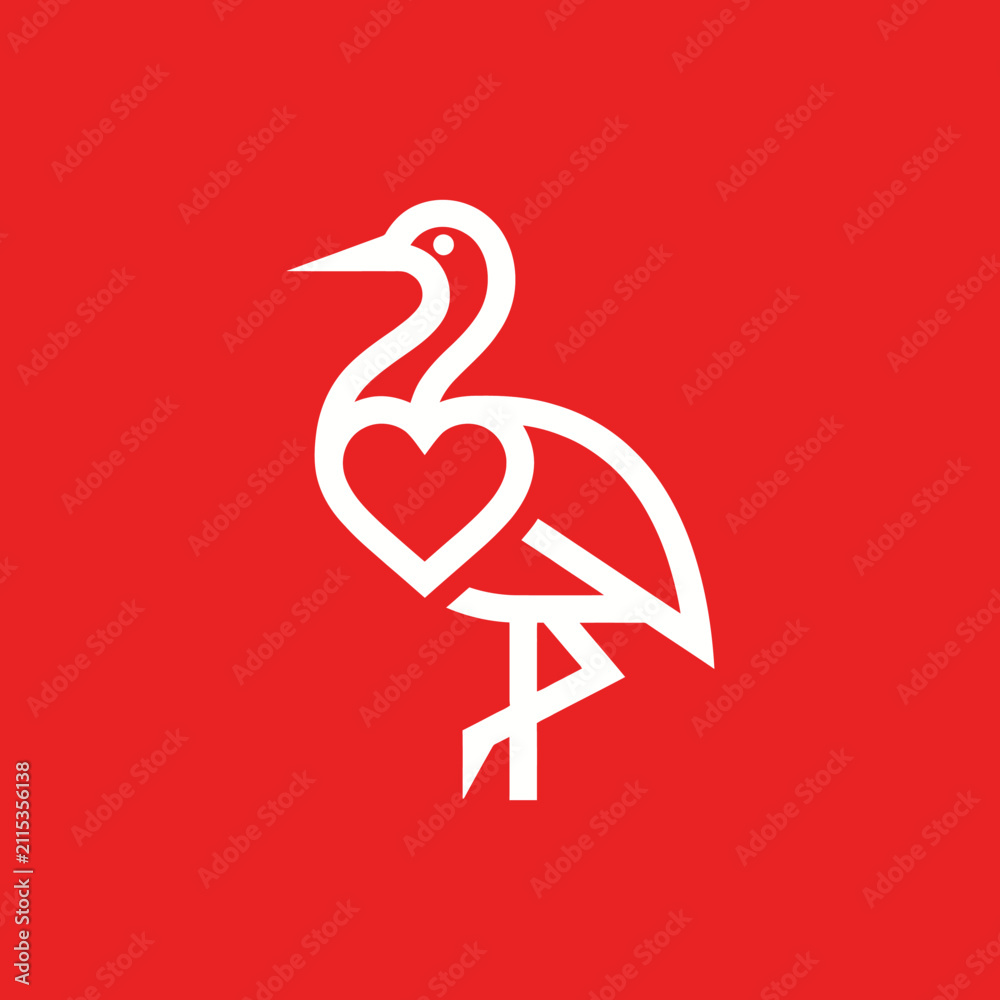 Naklejka premium Minimalist stork bird with heart icon on red background.