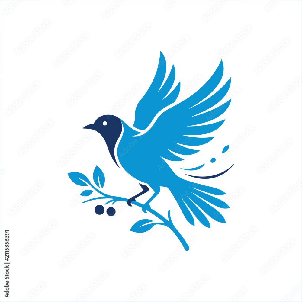 Fototapeta premium Perched blue bird on branch with spread wings.