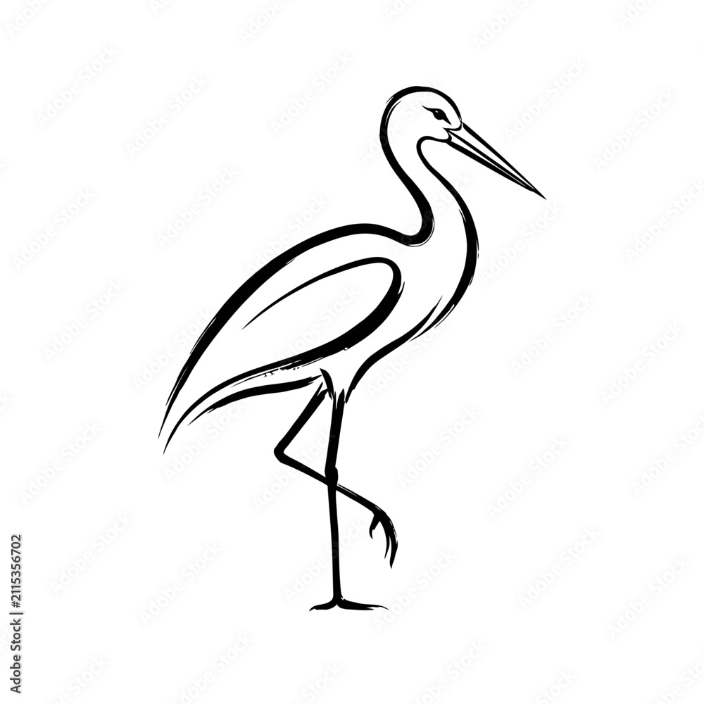 Naklejka premium Simple black line art stork bird profile illustration.