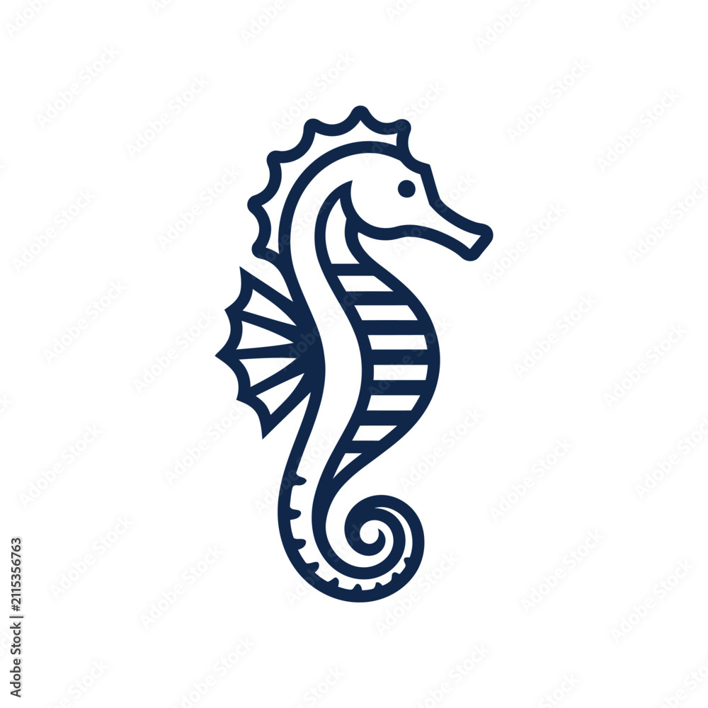 Fototapeta premium Striped blue seahorse emblem for aquatic themes.
