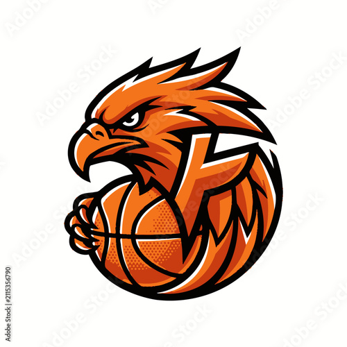 Stylized eagle head and basketball sports emblem.