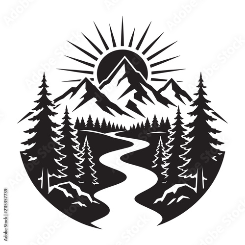Mountain landscape river scenic vector illustration with mountain landscape wilderness outdoors silhouette adventure exploration environment illustration minimalist