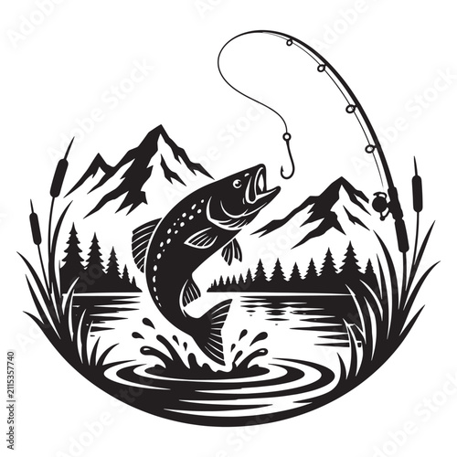 Black and white vector illustration of a fish jumping out of a lake with mountains and forest silhouette mountain recreation wildlife silhouette landscape adventure cattails illustration