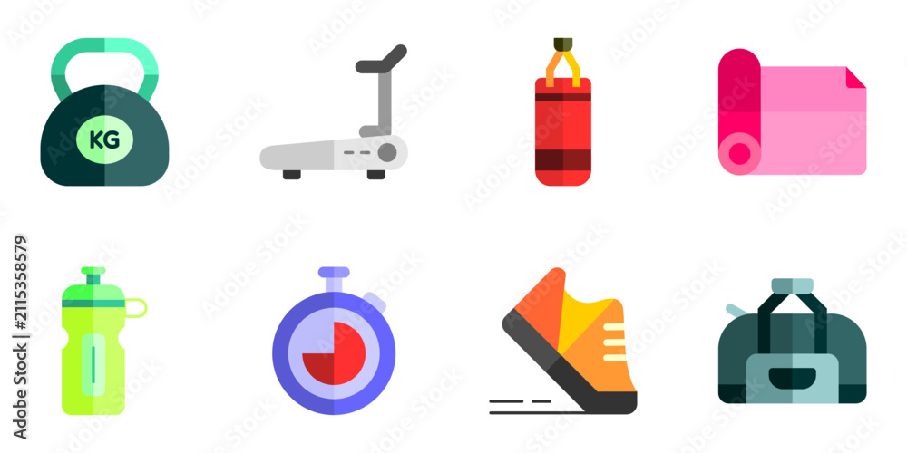 Fototapeta premium Exercise gear icon set collection featuring kettlebell, treadmill cardio, punching bag, yoga mat, water bottle, workout timer, sneakers, sport bag vector illustration