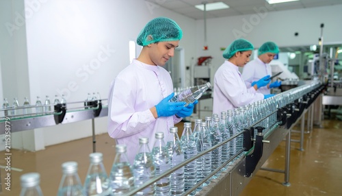 Workers in a sterile bottling production facility.