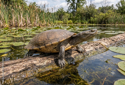 An African sideneck turtle in a pond