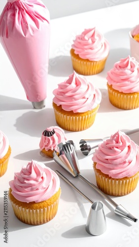 Sweet treats galore cupcakes topped with fluffy pink frosting and decorating tools