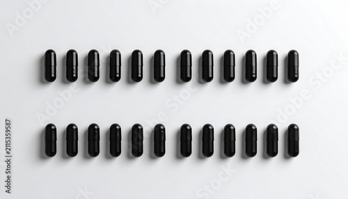 Two rows of black capsules, neatly arranged on a white background