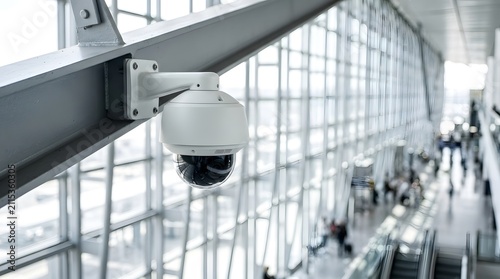 Modern security camera dome mounted on a steel beam inside a bright contemporary airport terminal building