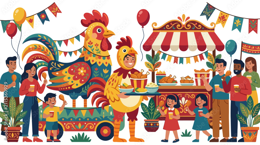 Fototapeta premium Vibrant chicken boy day festival with food stalls and costumes