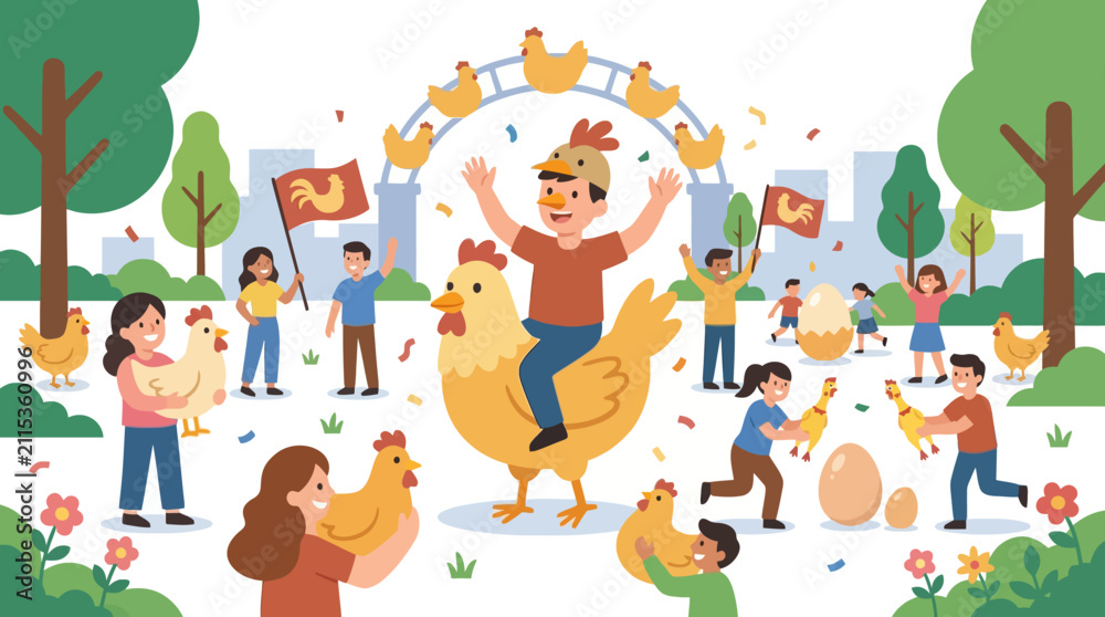 Fototapeta premium Happy children celebrating chicken boy day at a festive park event