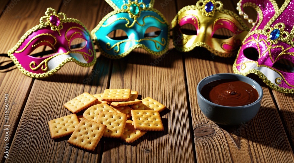 Obraz premium Four ornate carnival masks rest on a wooden table beside crackers and a bowl of chocolate dip. Festive disguise items are prepared for a fun celebration or masquerade party.