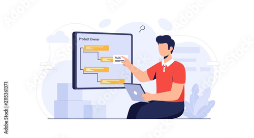 Product Owner Man Planning Tasks on Digital Board with Laptop, Agile Methodology Concept