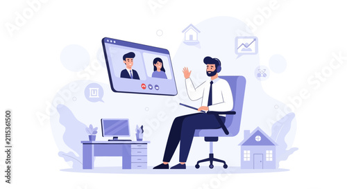Remote Business Meeting: Man in Video Call with Colleagues, Working from Home, Digital Communication Concept
